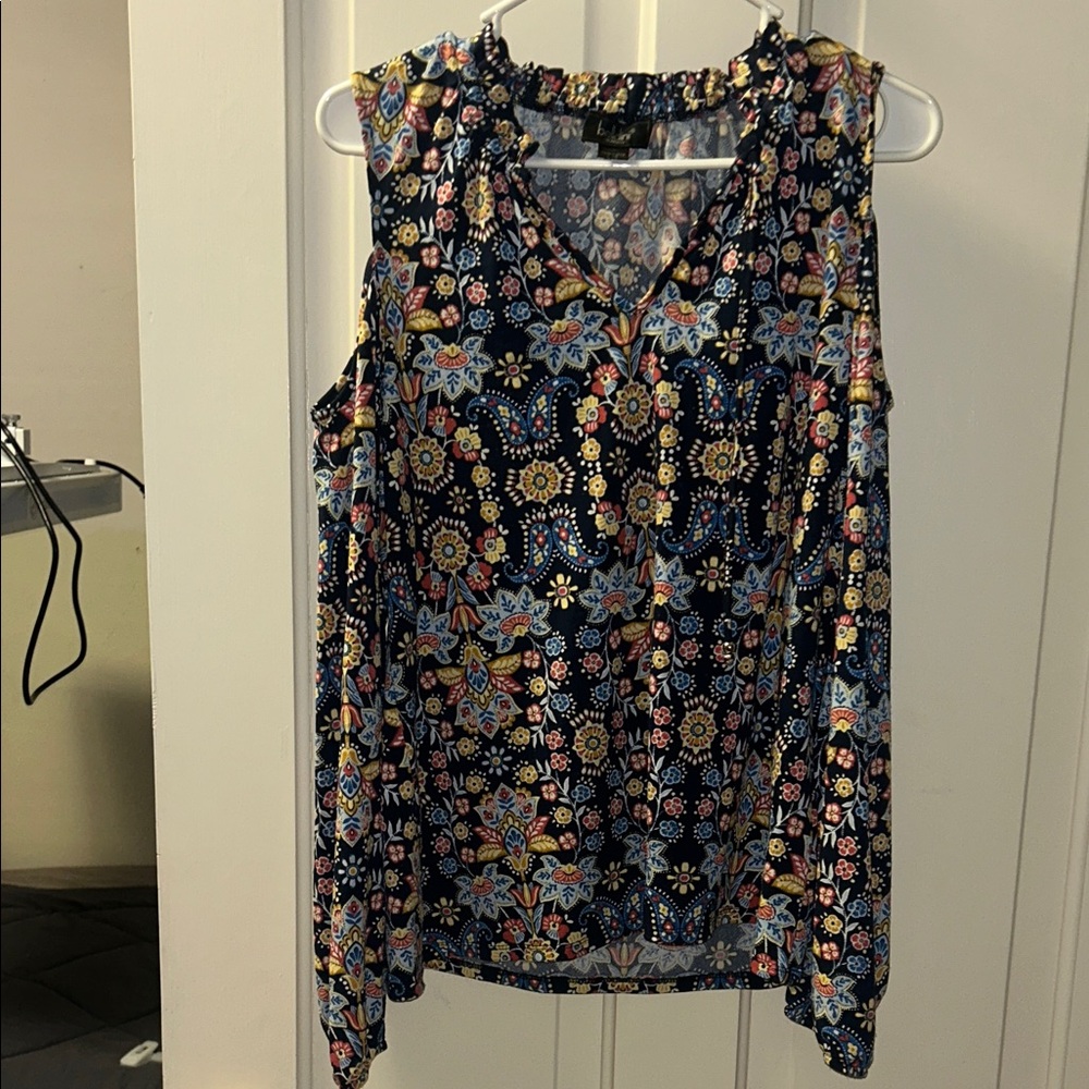 Belldini Floral Cold Shoulder Blouse - Black and Multicolor